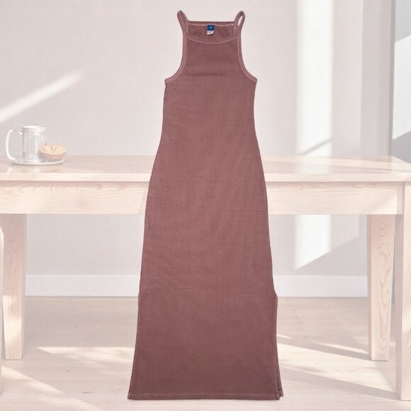 Old Navy XS Ribbed Sleeveless Bodycon Dress Maxi Brown Stretch Slit Casual Long - Picture 1 of 8
